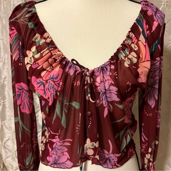 Free People Red Floral Print of Paradise Mesh Tie Front Crop Top Bell Sleeve - Picture 5 of 12